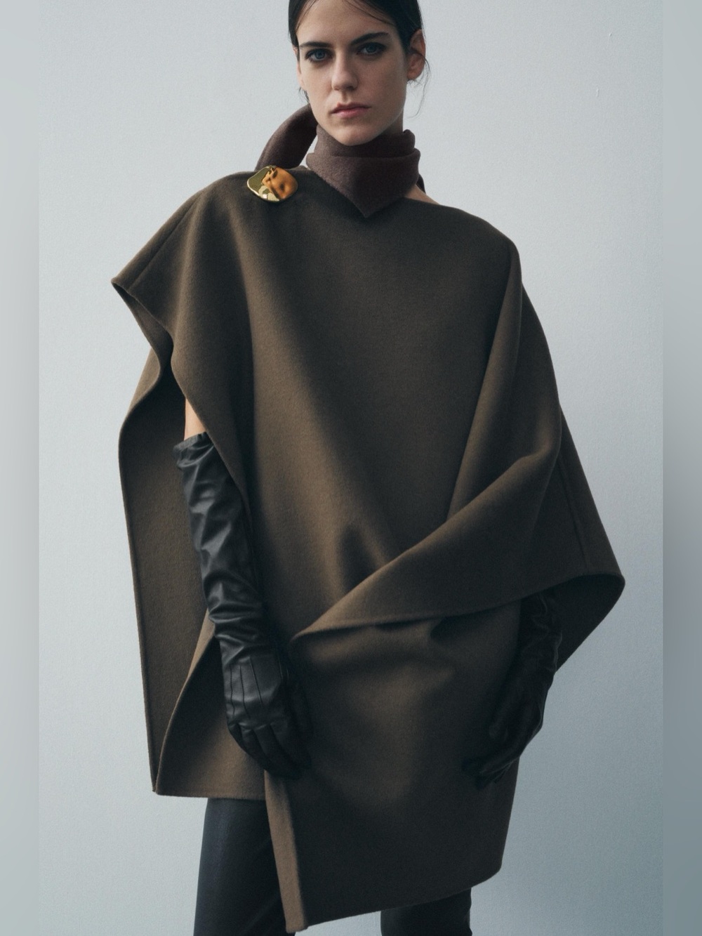 Zara Dark Brown Draped Wool Poncho with Gold Accent